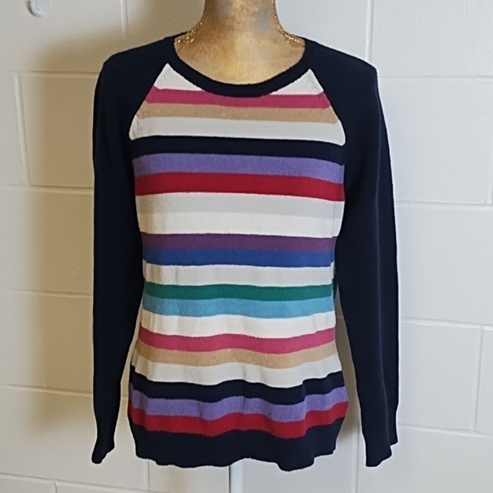 Cotton Blend Navy Raglan Sleeve Multi Stripe Crew Neck Mid-Weight Sweater
